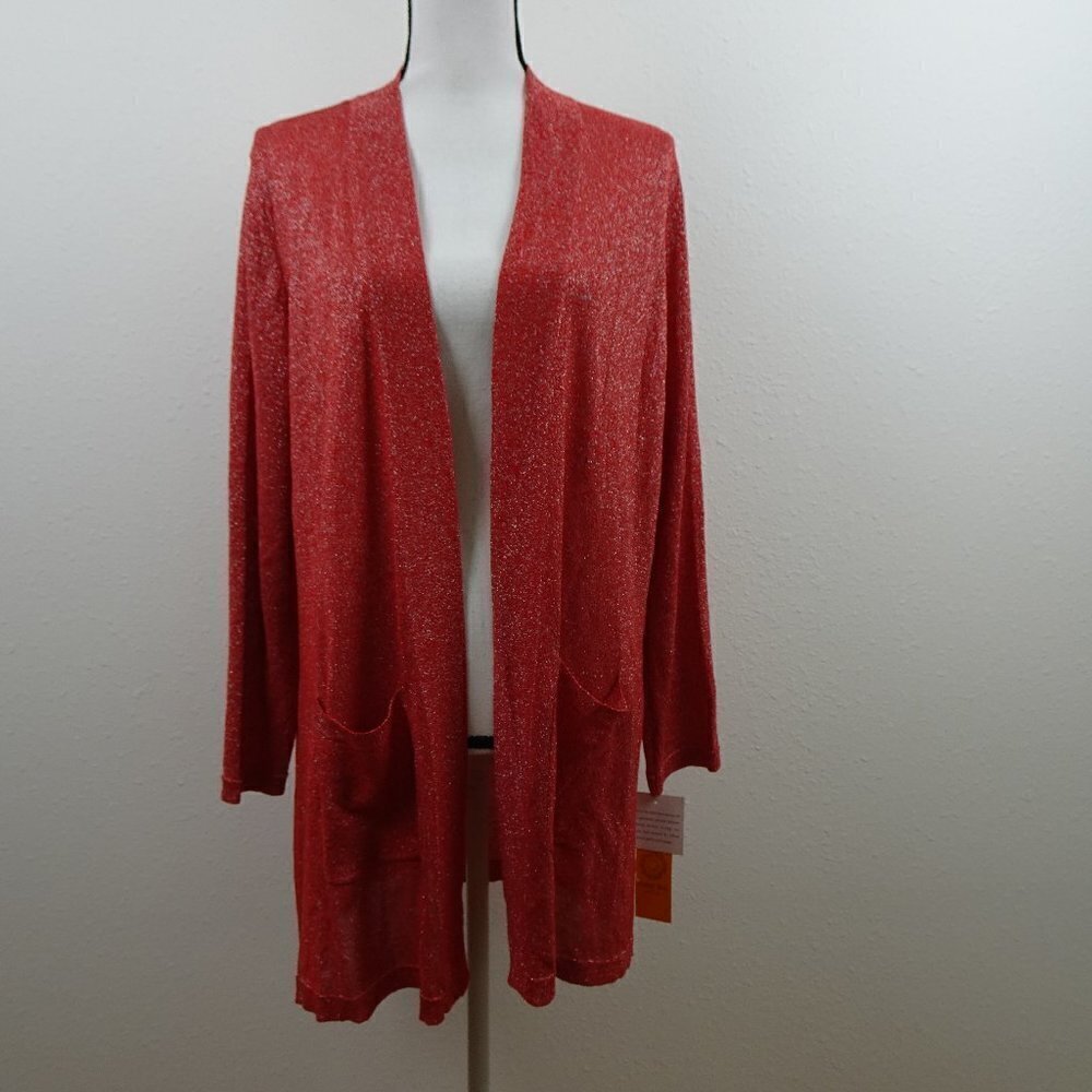 Ruby Rd Cardigan Sweater Women's Size XL Red Silver Sparkle Long Open Front
